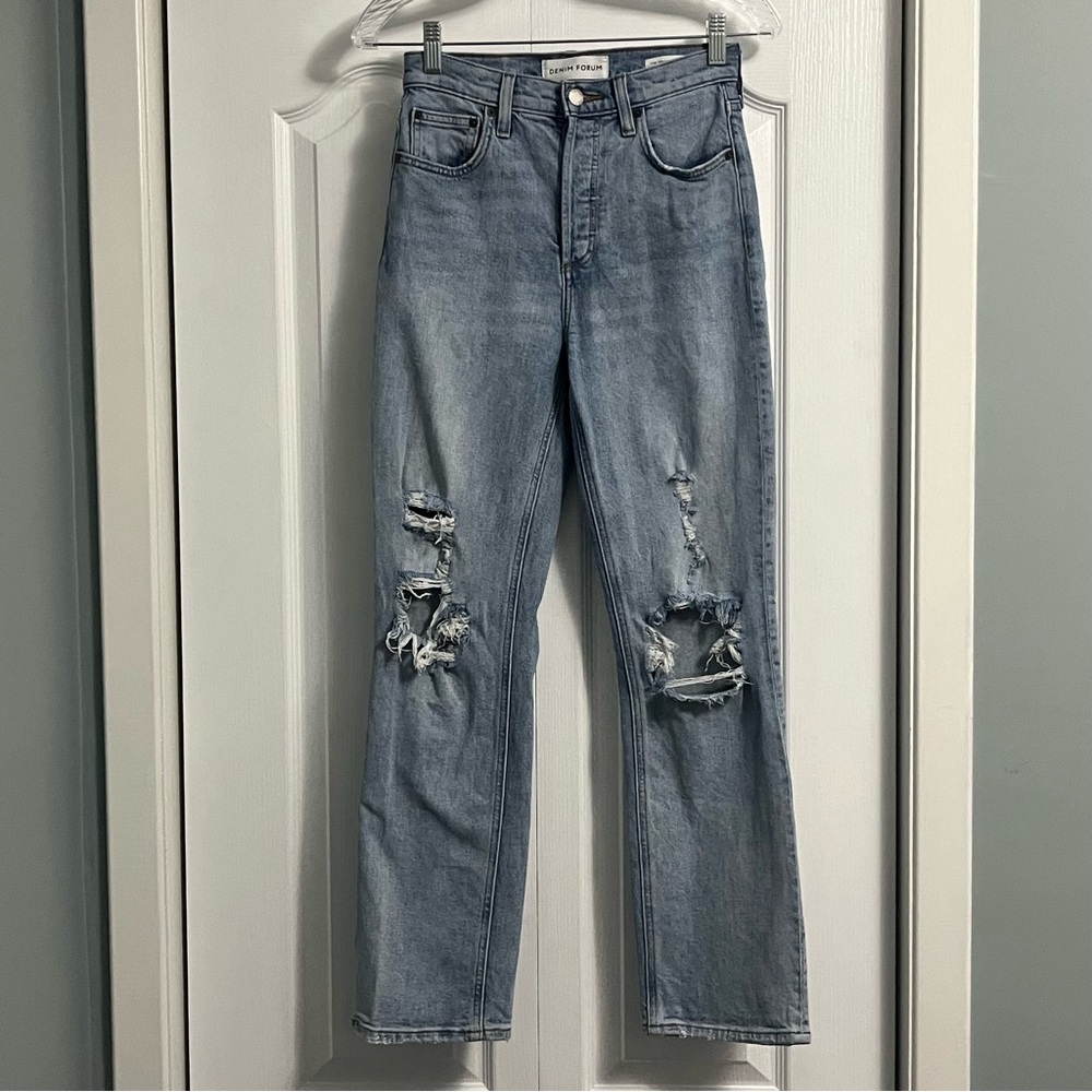 DENIM FORUM the Arlo high rise straight leg blue denim jeans size 25 distressed